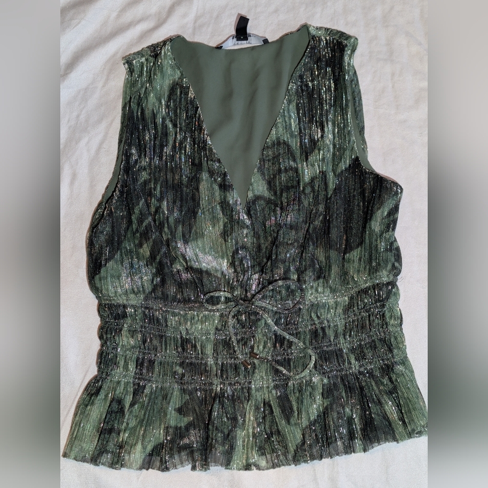 WHBM Peplum, Smock Waist V Neck Tank Top Sz Small Forest Fairy Sheer Shimmery